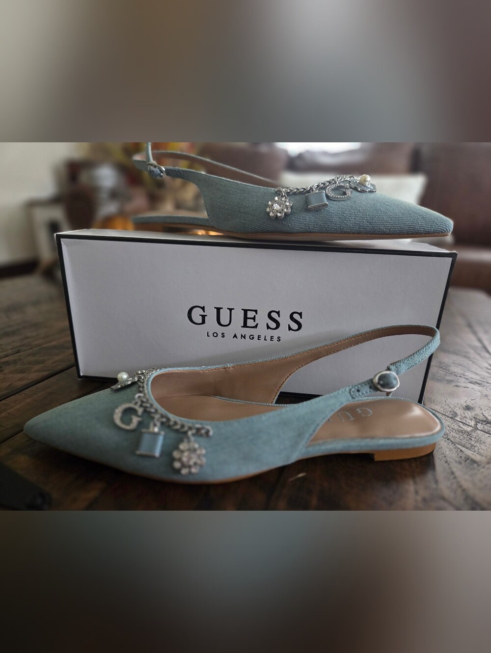 GUESS Light Blue Denim Slingback Flats with Charm Chain